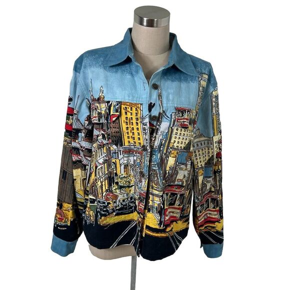 Artscapes Light Denim Jean Jacket San Francisco All-Over Print Size Small‎ EUC - Picture 1 of 11